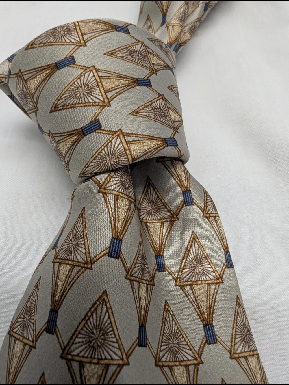 Lanvin Beige Tie with Gold and Blue Geometric Motif 100% Silk Designer France